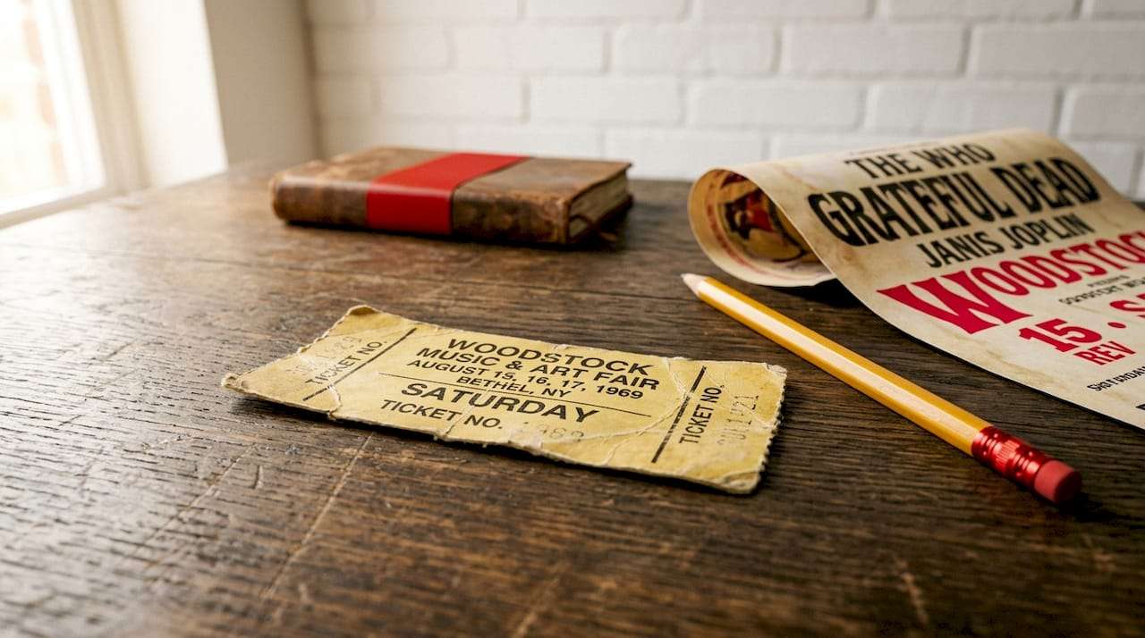 Close-up of vintage concert ticket stub on desk